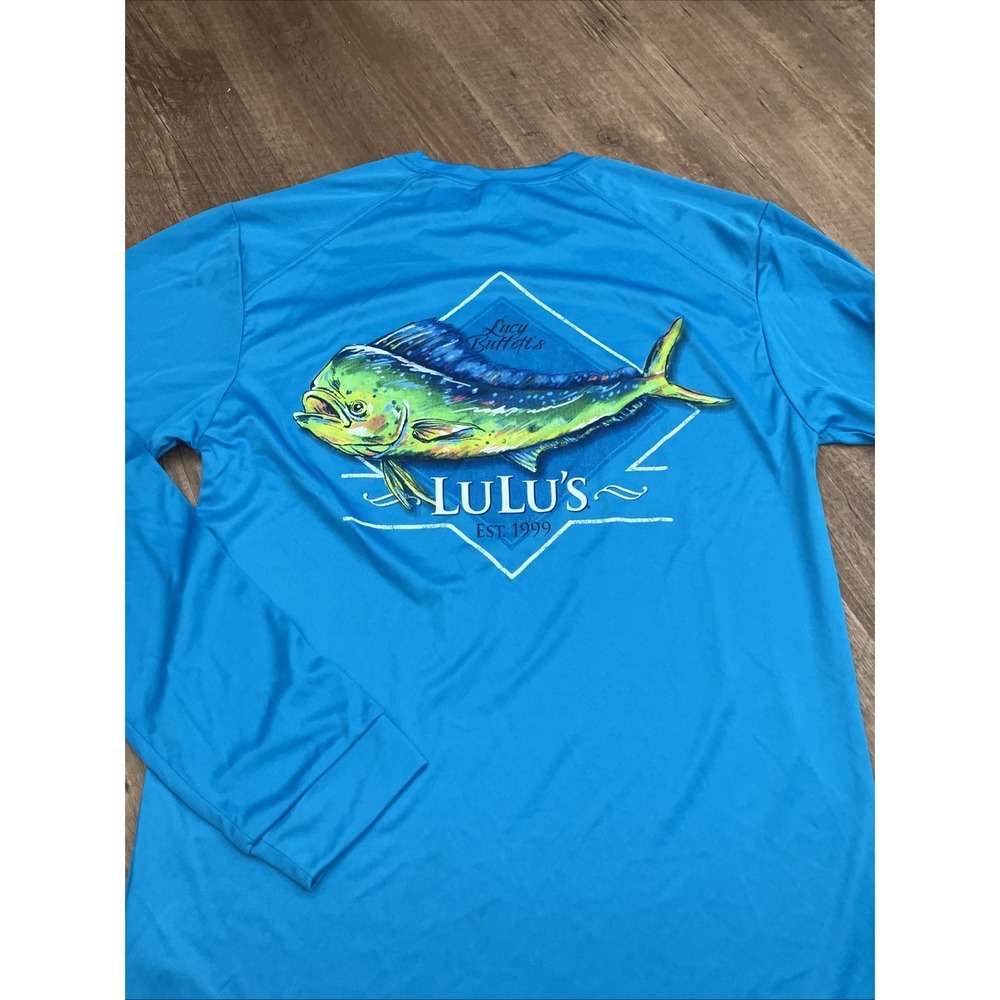 Mens Small SPF 50 Long Sleeved Lucy Buffett's LuLu's Restaurant Blue Mahi
